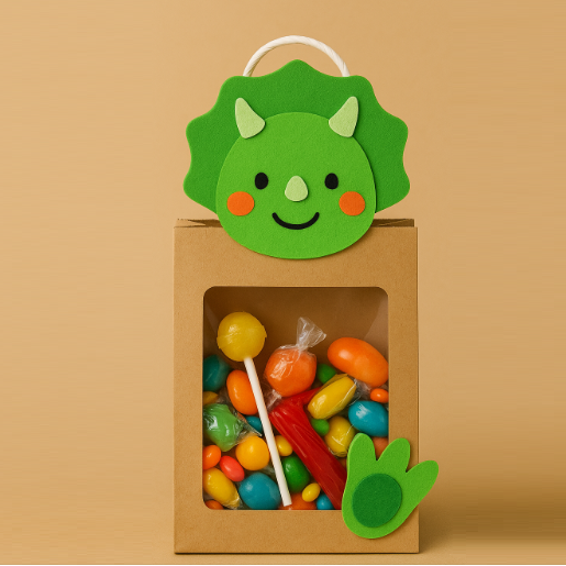 Dinosaur themed custom candy bag filled with candy