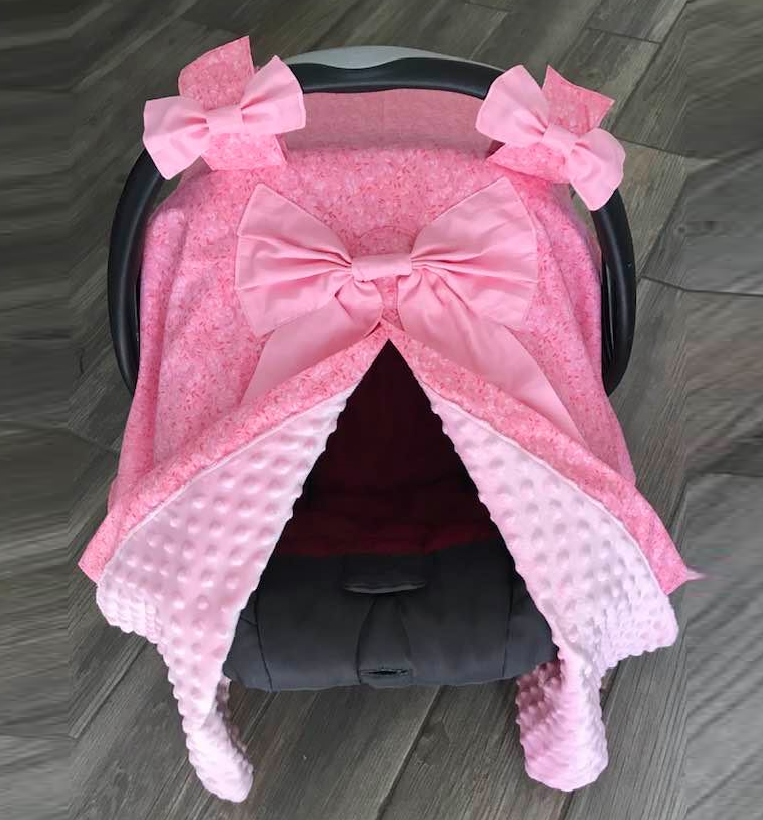 Custom strawberry themed carseat cover handmade for a baby girl