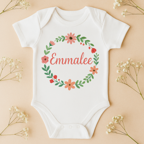 Custom-made baby bodysuit displayed for portfolio
