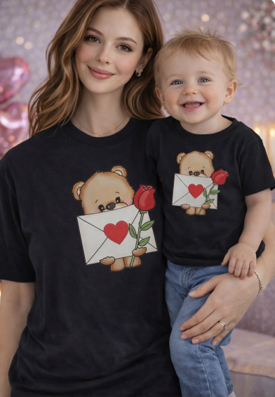 Valentines Day Shirt Collection Valentines Gifts Personalized - Black Large Size Bear Flowers and Love Mom and Baby 2T Matching Outfits Mom & Baby Matching T-Shirt Set – Limited Edition - Love Bear and Flowers (Only 2 Available)