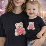 Valentines Day Shirt Collection Valentines Gifts Personalized - Black Large Size Pink Bear Flowers and Love Mom and Baby 2T Matching Outfits Mom & Baby Matching T-Shirt Set – Limited Edition - Love Bear and Flowers (Only 2 Available)