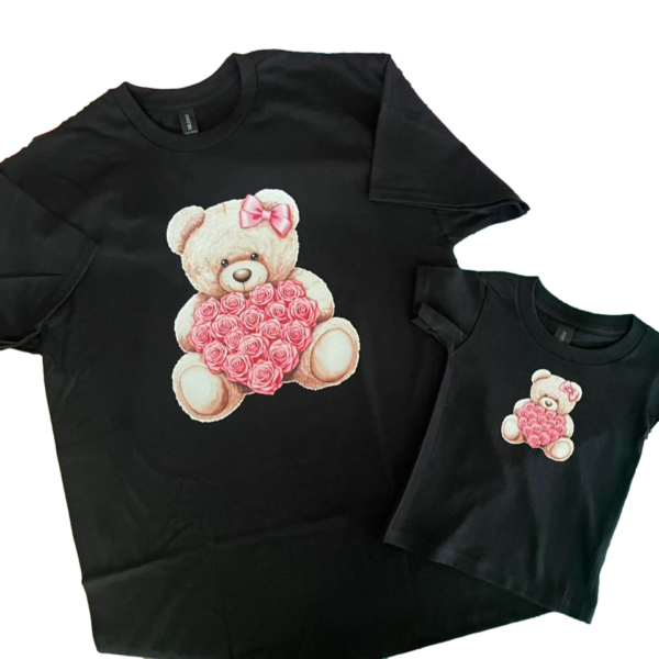 Valentines Day Shirt Collection Valentines Gifts Personalized - Black Large Size Pink Bear Flowers and Love Mom and Baby 2T Matching Outfits shirts_cli Mom & Baby Matching T-Shirt Set – Limited Edition - Love Bear and Flowers (Only 2 Available)