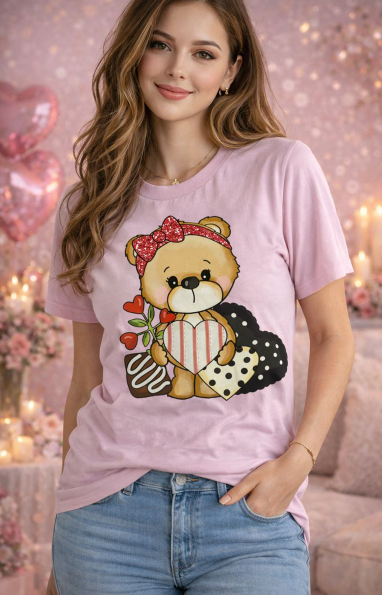 Valentines Day Shirt Collection Valentines Gifts Personalized - Pink Large Size Bear Girl and Chocolates Valentine’s Day Pink T-Shirt – DTF Print | Limited Designs