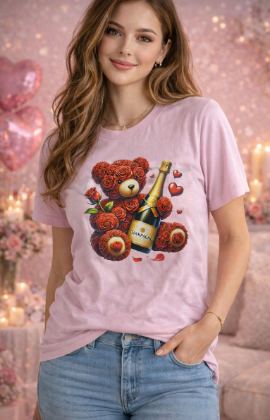 Valentines Day Shirt Collection Valentines Gifts Personalized - Pink Large Size Roses effect Bear And Champagne Valentine’s Day Pink T-Shirt – DTF Print | Limited Designs