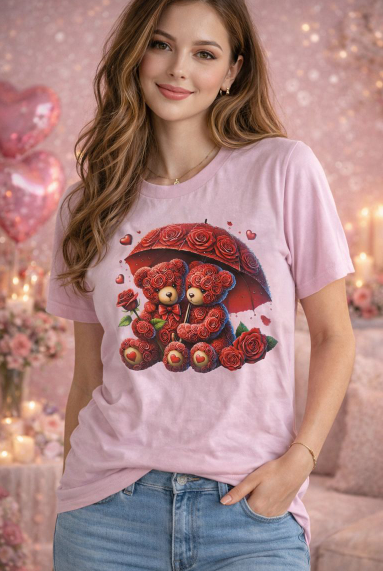 Valentines Day Shirt Collection Valentines Gifts Personalized - Pink Large Size Roses effect Bears And Umbrella Valentine’s Day Pink T-Shirt – DTF Print | Limited Designs