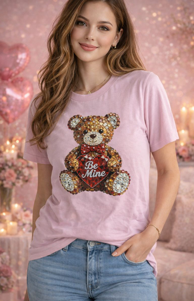 Valentines Day Shirt Collection Valentines Gifts Personalized - Pink Large Size rhinestone effect Bear Be Mine Valentine’s Day Pink T-Shirt – DTF Print | Limited Designs