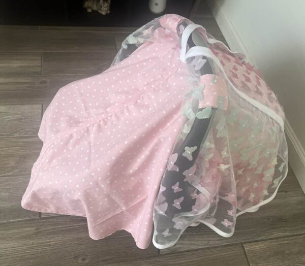 Baby Girl Carseat Cover wit butterflies Side Closed three fabrics Summer Collection - Pink Butterfly Baby Girl CarSeat Cover