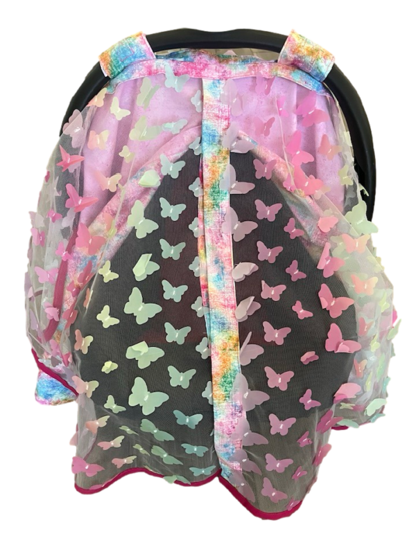 Baby Girl Cover Carseat Pink Fresh Butterflies Fabric Front Closed Clear Vision_clipped Rainbow Pastel Butterfly Baby Car Seat Cover | Summer Collection