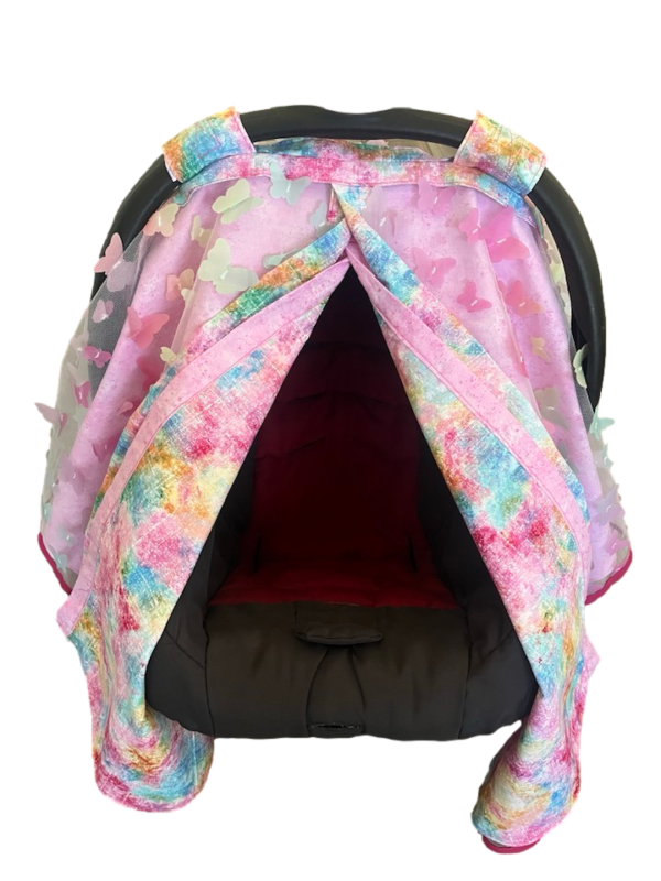 Baby Girl Cover Carseat Pink Fresh Butterflies Fabric Front Opened_clipped Rainbow Pastel Butterfly Baby Car Seat Cover | Summer Collection
