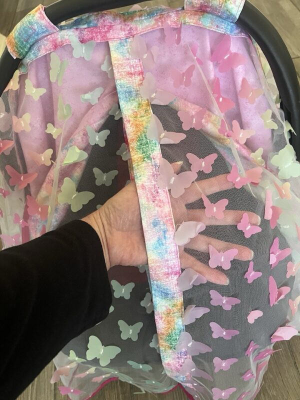 Baby Girl Cover Carseat Pink Fresh Butterflies Fabric Showing you can Watch your Baby Inside Rainbow Pastel Butterfly Baby Car Seat Cover | Summer Collection