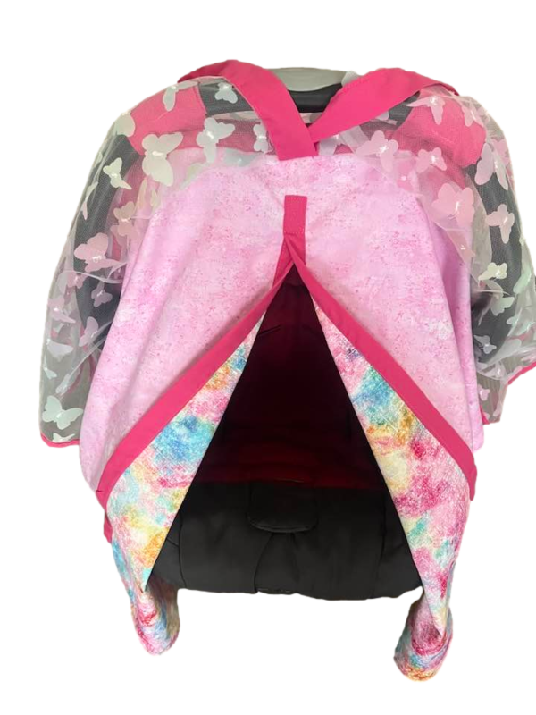 Baby Girl Cover Carseat Pink With Butterflies Fushia Front Showing Fresh Fabric Inside Opened_clipped Fuchsia Pink Butterfly Baby CarSeat Cover | Summer Collection